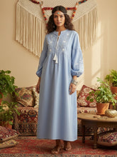 Load image into Gallery viewer, Floral Emberoidered, Linen Cotton Maxi Dress,Tassel Boho Dress