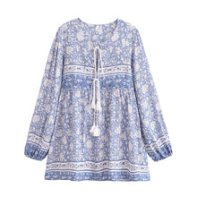 Load image into Gallery viewer, Women's Boho Floral V-Neck Mini Dress with Tassel Ties