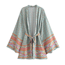 Load image into Gallery viewer, Green Floral Kimono,Beach Boho Bikini Cover-up