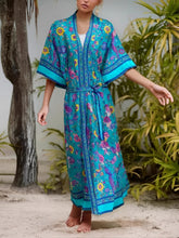 Load image into Gallery viewer, Green Peacock Floral Print,Bohemian Kimono, Boho Maxi Dress