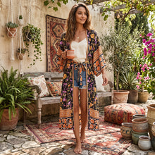 Load image into Gallery viewer, Black Floral Print ,Bohemian Kimono Robe ,Boho Bikini Cover-ups