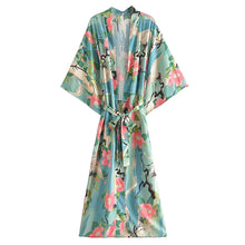 Load image into Gallery viewer, Boho Green Crane & Floral Print Kimono | Rayon Beach Cover-up & Robe