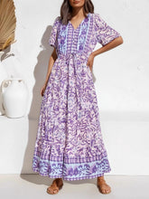 Load image into Gallery viewer, Purple Floral Print ,Button V-neck ,Boho Dress