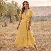 Load image into Gallery viewer, Yellow Sun Flower ,Bohemian Maxi Dress , Boho Wrap Dress