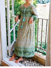 Load image into Gallery viewer, Elephant Green Floral ,Bohemian Maxi Dress,Boho Dress
