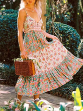 Load image into Gallery viewer, Green Floral Print,Boho Strapless Dress,Boho Maxi Dress
