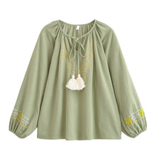 Load image into Gallery viewer, Golden Floral Embroidery ,Linen Cotton Blouse,Loose Boho Shirts