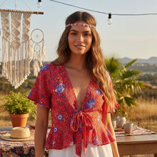 Load image into Gallery viewer, Lace-up Floral,Bohemian Shirt ,Boho Blusas
