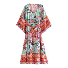 Load image into Gallery viewer, Green Peacock Floral ,Bohemian Kaftan ,Boho Maxi Dress