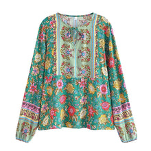 Load image into Gallery viewer, Green Floral Print,Bohemian Blouse Shirts ,Boho Tops
