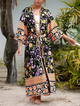 Load image into Gallery viewer, Black Floral Print ,Bohemian Kimono Robe ,Boho Bikini Cover-ups