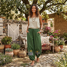 Load image into Gallery viewer, Wild Flower Embroidery ,Linen Cotton Baggy Pants, Bloomers Loose Yoga Trousers