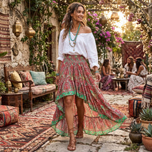 Load image into Gallery viewer, Green Paisley High-Low Maxi Skirt - Smocked Boho Skirt