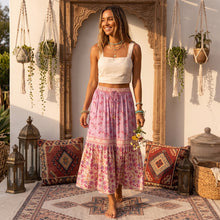 Load image into Gallery viewer, Pink Floral Printed,Midi Skirt,Boho Skirt