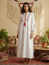Load image into Gallery viewer, Floral Emberoidered, Linen Cotton Maxi Dress,Tassel Boho Dress