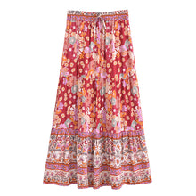Load image into Gallery viewer, Red Floral Tiered Boho Maxi Skirt - Drawstring Long Skirt
