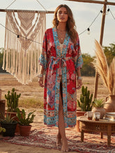 Load image into Gallery viewer, Peacock Red Print,Boho Kimono, Bikini Cover-ups