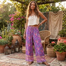 Load image into Gallery viewer, Purple Floral Print ,Bohemian Wide Leg Pants,Loose Boho Pant