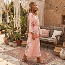 Load image into Gallery viewer, Peacock pink Floral Print, bohemian robe ,Boho Maxi Kimono