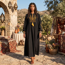 Load image into Gallery viewer, Retro Linen Cotton,Wheat Emberoidered, Lantern Sleeve Boho Maxi Dress