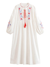 Load image into Gallery viewer, Floral Emberoidered, Linen Cotton Maxi Dress,Tassel Boho Dress