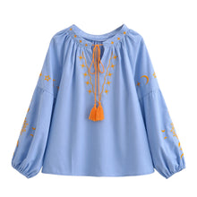 Load image into Gallery viewer, Celestial Embroidered Linen Blouse - Sun Boho Top