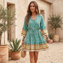Load image into Gallery viewer, Green Floral Print ,Bohemian Mini Dress,Boho Dress