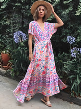 Load image into Gallery viewer, Pink floral print ,Boho dress, Bohemian Wrap Dress