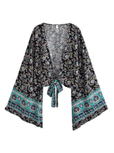 Load image into Gallery viewer, Boho Floral Print Rayon Kimono Top - Ruffle Flare Sleeve Tie Front Beach Cover-up