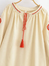 Load image into Gallery viewer, Vintage Floral Embroidered Cotton Linen Blouse - Boho Tassel Tie Neck Puff Sleeve Top