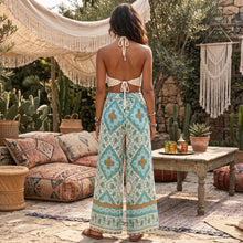 Load image into Gallery viewer, Green Floral Print Bohemian Wide Leg Pants Boho Trousers