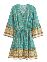Load image into Gallery viewer, Green Floral Print ,Bohemian Mini Dress,Boho Dress