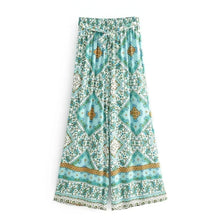 Load image into Gallery viewer, Green Floral Print Bohemian Wide Leg Pants Boho Trousers