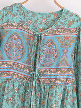 Load image into Gallery viewer, Green Floral Print ,Bohemian Mini Dress,Boho Dress