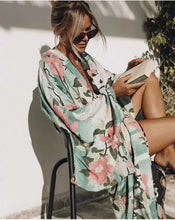 Load image into Gallery viewer, Boho Green Crane & Floral Print Kimono | Rayon Beach Cover-up & Robe