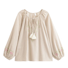 Load image into Gallery viewer, Golden Floral Embroidery ,Linen Cotton Blouse,Loose Boho Shirts