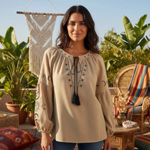Load image into Gallery viewer, Celestial Embroidered Linen Blouse - Sun Boho Top