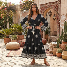 Load image into Gallery viewer, Ethnic Floral Long Sleeve Tassel Rayon Beach Bohemian maxi Dress