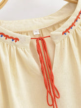 Load image into Gallery viewer, Vintage Floral Embroidered Cotton Linen Blouse - Boho Tassel Tie Neck Puff Sleeve Top