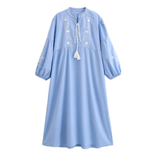 Load image into Gallery viewer, Floral Emberoidered, Linen Cotton Maxi Dress,Tassel Boho Dress