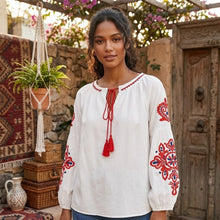 Load image into Gallery viewer, Floral Embroidered Linen Blouse - Red Boho Peasant Top