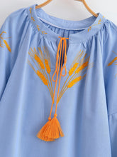 Load image into Gallery viewer, Wheat Embroidered, Linen Cotton Blouse,Lace-up Tassel Loose Boho Shirt