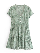 Load image into Gallery viewer, Women’s Green Floral Boho Mini Dress - Sexy Deep V-Neck Rayon Beach Sundress