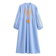 Load image into Gallery viewer, Retro Linen Cotton,Wheat Emberoidered, Lantern Sleeve Boho Maxi Dress