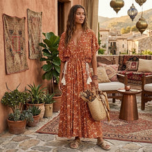Load image into Gallery viewer, Brown Floral Tassel Beach Bohemian Maxi Dress Vacation Boho Dress