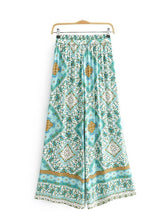 Load image into Gallery viewer, Green Floral Print Bohemian Wide Leg Pants Boho Trousers