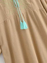 Load image into Gallery viewer, Retro Linen Cotton,Wheat Emberoidered, Lantern Sleeve Boho Maxi Dress
