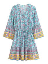 Load image into Gallery viewer, Blue Floral Print, Bohemian Mini Dress, Beach Boho Dress
