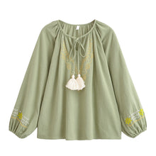 Load image into Gallery viewer, Golden Floral Embroidery ,Linen Cotton Blouse,Loose Boho Shirts