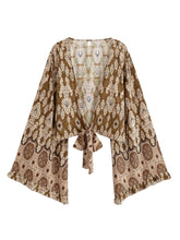 Load image into Gallery viewer, Floral Print Rayon Kimono Top - Ruffle Sleeve Tie Front Crop Top